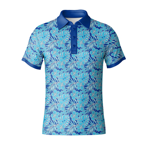 เสื้อโปโลแขนสั้นลายดอกไม้สีน้ำเงินสำหรับผู้ชาย ผ้าโพลีเอสเตอร์ทอเนื้อระบายอากาศ สวมใส่สบาย - Product Image 1