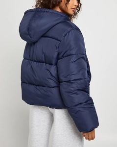 <b>Women's</b> Solid <b>Navy</b> Color Breathable Puffer Jackets 100% Polyester Fabric Adjustable Hood Long Sleeve <b>Winter</b> Warm Bubble Jackets - Product Image 5