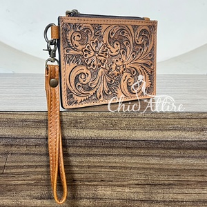 Wholesale Genuine Tooled Leather Handmade <b>Women</b> Clutch Zipper Closure Floral Design ATM Coin Credit <b>Card</b> Holder Writlet <b>Wallet</b> - Product Image 1