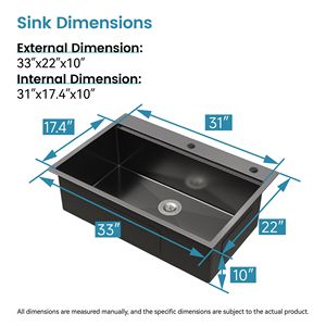 Lavello da cucina singolo in acciaio inossidabile fatto a mano 33x22 pollici con tagliere e scolapiatti integrati, nero, da incasso, spedizione immediata - Product Image 5
