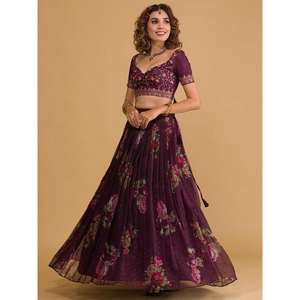 Increíble púrpura floral impreso Organza Sangeet desgaste Lehenga Choli - Product Image 5