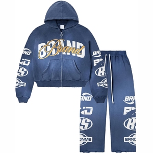 Ensemble de survêtement unisexe tendance pour l'hiver, coupe ample, style streetwear, délavé à l'acide, comprenant un sweat à capuche zippé et un pantalon de jogging, poids moyen, 2 pièces - Product Image 1