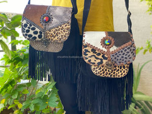 กระเป๋าสะพายพาดลำตัวหนังกลับแท้พิมพ์ลายสัตว์มีพู่ประดับลูกปัดสำหรับผู้หญิงกระเป๋าพาดลำตัวหนังคาวเกิร์ลดีไซน์หรูหรา - Product Image 3