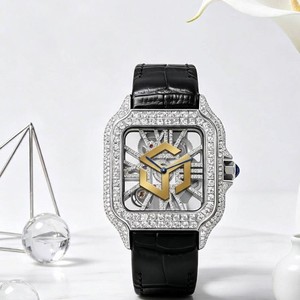 Montre-bracelet analogique de luxe carrée, avec lunette entièrement sertie de diamants, cadran squelette, aiguilles bleues, bracelet en cuir rouge, style mécanique - Product Image 3