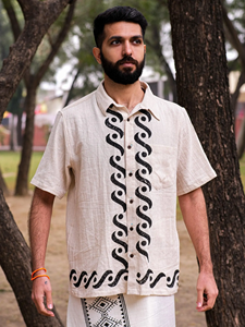 Handmade Men Of-White Cotton Khadi <b>Shirt</b> with Black Hand-Block Print Geometric Waves Summer Casual <b>Button</b>-Down <b>Half</b>-Sleeve Top - Product Image 5