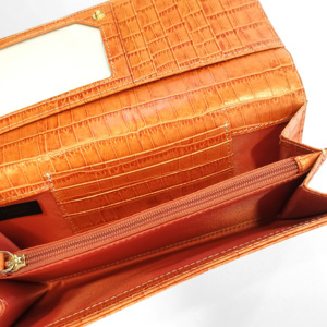 [New Item] Castello Croco Print Embossed Cowhide Leather Long <b>Wallet</b> W/snap Button Closure & Multiple Compartments Women Orange - Product Image 3