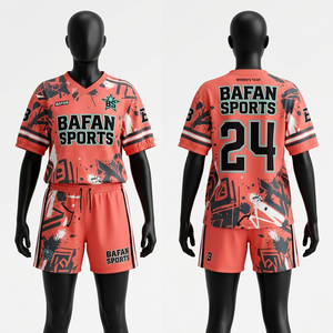 Ensemble maillot et short de football en polyester 160 GSM premium, noir corail, logo personnalisé par sublimation, coupe respirante, pour femmes - Product Image 1