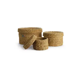 Set of 3 Woven Seagrass Basket Cotton Rope Toy Basket Clothes Storage Laundry Basket With Handle