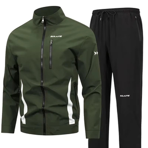 Men's Olive Green <b>Polyester</b> <b>Tracksuit</b> Full Sleeve Stand Collar Zipper Sporty Jogger Set Regular Fit Solid Color Autumn Wear - Product Image 3