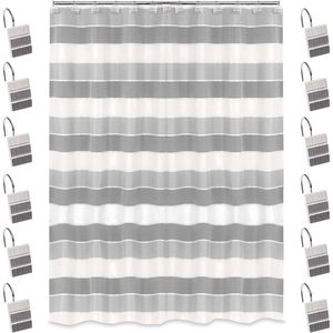 12pc Modern Line Gray Luxury Contemporary Shower <b>Curtain</b> Set with Unique Design and 12 <b>Hooks</b> - Product Image 1