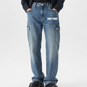 Pantalones de Alta Calidad Hechos a Medida con Bolsillos Laterales Estilo Cargo en Azul Lavado, Ropa Casual Urbana, Transpirables, con Decoración de Botones - Product Image 1