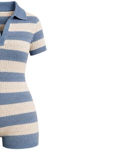 <b>Stone</b> Blue And Ivory Striped Knit Romper Women Short Sleeve Polo Collar Summer Casual One Piece Playsuit Slim Fit Custom Design - Product Image 3