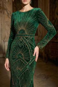 Robe de soirée de luxe en velours vert émeraude perlée à manches longues, robe de soirée formelle, vente en gros, approvisionnement en vrac - Product Image 3