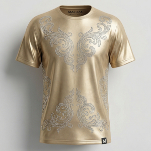 เสื้อยืดผู้ชายลายดาวประดับเพชรเมทัลลิกสีเงินทรงโอเวอร์ไซส์สุดหรูสไตล์สตรีทแวร์ - Product Image 1