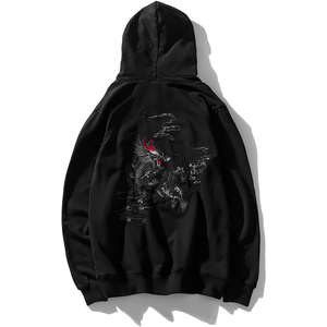 Sweat-shirt à capuche noir pour homme, broderie dragon, coupe ample, style chinois, en coton tricoté, pour l'automne - Product Image 1