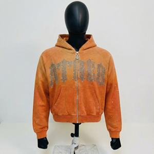 New Arrival Rhinestone Logo Print Acid Wash Zip-up Hoodies Hip Hop Style High Streetwear Hoodie for Men's and Women's - Product Image 1