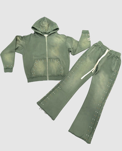 Custom High Quality Vintage Acid Wash Streetwear Rhinestone Stacked Joggers Full <b>Zip</b> Hoodie and Flared Distressed Sweat Pant Set - Product Image 1
