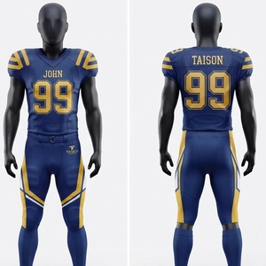 Uniforme de football américain pour femmes, polyester premium, maille respirante 160 GSM, ensemble bleu marine et or, logo personnalisé, impression par transfert thermique - Product Image 1