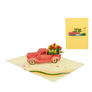 Tarjetas de felicitación 3D florales hechas a mano con un coche rojo vintage y un ramo de tulipanes, tarjeta 3D emergente para el Día de San Valentín - Product Image 3