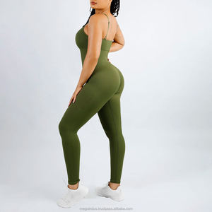 Women Ribbed Seamless <b>Bodysuit</b> <b>Square</b> <b>Neck</b> Spaghetti Strap Full Length Solid Color Gym Wear Green - Product Image 4