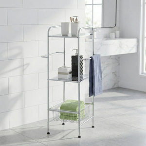 Étagère de rangement en métal à 3 niveaux avec barres porte-serviettes et panier pour l'organisation de la salle de bain, design minimaliste, forme rectangulaire - Product Image 4