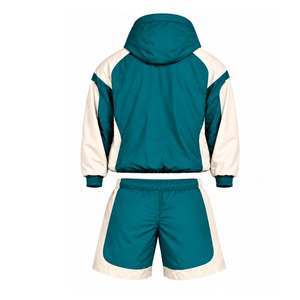 Mens Teal Colorblock Nylon <b>Hoodie</b> Shorts Set Lightweight Quarter Zip Sports Training <b>Running</b> Fitness Casual Activewear Outfit - Product Image 2