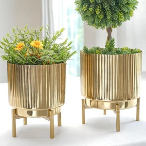 Modern <b>White</b> Metal Flower <b>Pots</b> With Gold Trim Indoor Planters For Home Decor Minimalist Style Glazed Finish - Product Image 5