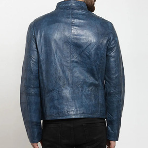 Blouson moto homme en cuir véritable bleu, col montant, fermeture éclair, coupe ajustée, coupe-vent, pour l'automne - Product Image 6