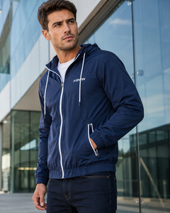 Chaqueta Cortavientos con Capucha para Hombre F2WIN, Color Sólido, Cierre de Cremallera, Ropa Casual de Otoño, Azul, Poliéster, Personalizable - Product Image 1
