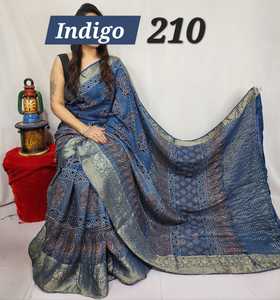 Robe trapèze en tissu modal imprimé indigo, style sari, tenue ethnique pour femme, pour occasions formelles - Product Image 1