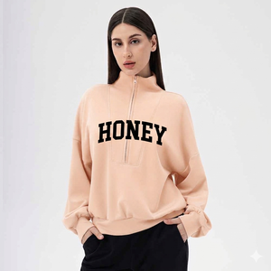 Sweat-shirt surdimensionné personnalisé pour femme, en molleton de coton, à col montant, avec demi-fermeture éclair, imprimé et brodé sur le devant, idéal pour l'automne et l'hiver - Product Image 3