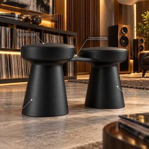 Ensemble de tabourets doubles modernes noirs connectés |   Table d'appoint contemporaine à double siège, plateau rond, base conique, finition mate - Product Image 2