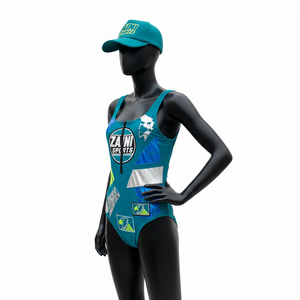 Traje de Baño Premium para Mujer, Secado Rápido, Poliéster y Spandex, Color Azul Turquesa con Paneles en Bloques de Color, Cierre con Cremallera, Logotipo Personalizado, Ajuste para Mujer - Product Image 4