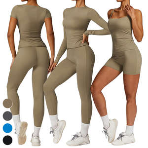 Ensemble de vêtements de sport pour femmes en cinq pièces, couleur unie, pour la gym, le yoga et l'entraînement, comprenant un haut à manches courtes, un haut à manches longues, un legging taille mi-haute et un short - Product Image 1