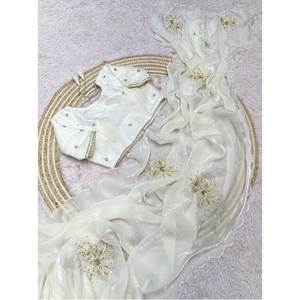 Sari Blanco de Diseñador con Bordado y Blusa – Colección Nupcial y de Recepción - Product Image 2