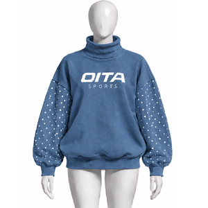Sudadera Oversize Azul Denim para Mujer con Cuello Simulado y Mangas con Perlas, Estilo Holgado Casual Urbano de Manga Larga para Invierno - Product Image 1