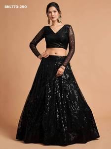Conjunto de Lehenga-Choli negro estilo A-Line con bordado de hilo y lentejuelas múltiples, de tela de red suave, para fiestas, proveedor de la India. - Product Image 5