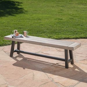 Panca da pranzo in legno di acacia grigio chiaro con finitura sabbiata e telaio in metallo nero rustico, panche da patio - Product Image 1