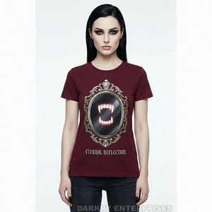 Vampire Fang Mirror Print Women T-shirt Burgundy Gothic Apparel Manufacturer Custom Graphic Tee <b>Maroon</b> Cotton <b>Top</b> OEM Factory - Product Image 1