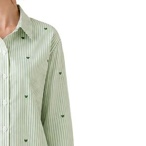 Camisa de Mujer a Rayas Verde Claro con Botones, Blusa de Algodón de Manga Larga con Bordado de Corazón, Corte Holgado, Estilo Casual, Top Oversize - Product Image 4