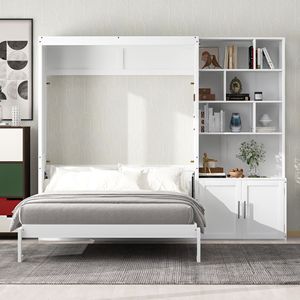 Letto a scomparsa matrimoniale bianco con pratici ripiani e armadietto contenitore - Product Image 1