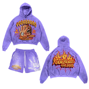 Ensemble de survêtement streetwear d'hiver pour homme, sweat à capuche et pantalon de survêtement, imprimé sérigraphié motif flamme rouge, coupe longue, en tissu épais - Product Image 3
