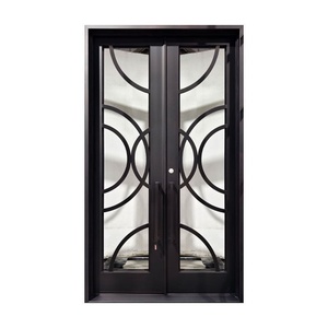 Porte d'entrée contemporaine en fer forgé avec panneaux de verre géométriques et un design résistant à la rouille, adaptée à une utilisation extérieure - Product Image 1
