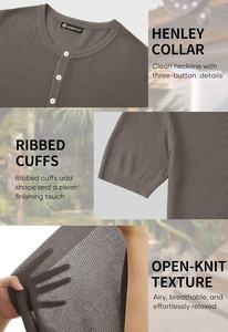 <b>Men's</b> Gray Knitted Short Sleeve <b>Henley</b> T-Shirt Regular Fit Casual Solid Color O-Neck <b>Top</b> - Product Image 6