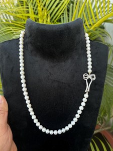 Natural Freshwater <b>Pearl</b> <b>Necklace</b> with Bow Clasp 925 <b>Sterling</b> <b>Silver</b> Fine Jewelry OEM ODM Wholesale Supplier - Product Image 1
