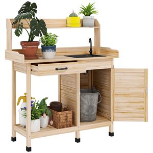 Tavolo da Lavoro da Esterno con Lavello, Armadietto Contenitore e Ganci - Banco da Giardinaggio Naturale per Serra, Giardino e Patio - Product Image 1