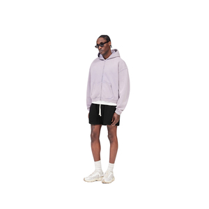 Men's Lavender <b>Cropped</b> <b>Zip</b> <b>Up</b> <b>Hoodie</b> Boxy Fleece Jacket Drawstring Hood Streetwear Wholesale - Product Image 4