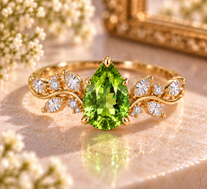 Pear Cut <b>Peridot</b> Engagement <b>Ring</b> 925 Sterling Silver Rhodium Plated Luxury Leaf Vine Design Green Gemstone - Product Image 1