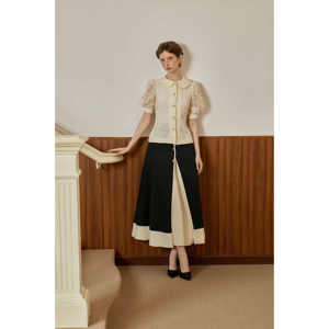 Elegant / Vintage / Romantic <b>Set</b> Vietnam Half Floral Lace ZELLA - Lace Puff-Sleeve Blouse & <b>Linen</b>-Blend Slit Skirt KS50 - Product Image 1
