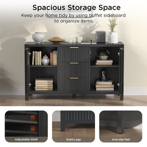 Credenza Nera Concava a Strisce con 2 Ante e 3 Cassetti, Mobile Moderno per Soggiorno - Product Image 2